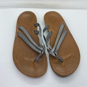 Olukai U’l Silver Strappy Leather Thong Sandals